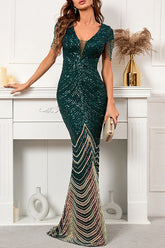 Vestido de noche formal de sirena con escote en V, color verde oscuro